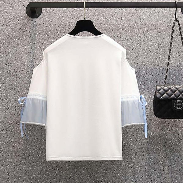 Summer Sweet Women Fashion Short Sleeve Bow Floral Printed Scoop Neck Cropped Embroidery Lace Up T-Shirt Blouse Top