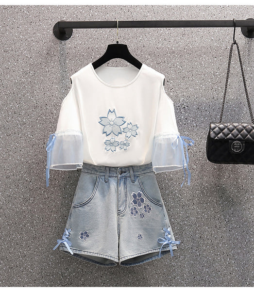 Summer Sweet Women Fashion Short Sleeve Bow Floral Printed Scoop Neck Cropped Embroidery Lace Up T-Shirt Blouse Top