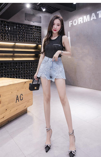 Summer Hot Women Embroidered 3D Floral Beaded High Waist Hem Ripped Tassel Jeans Shorts Denim Pants