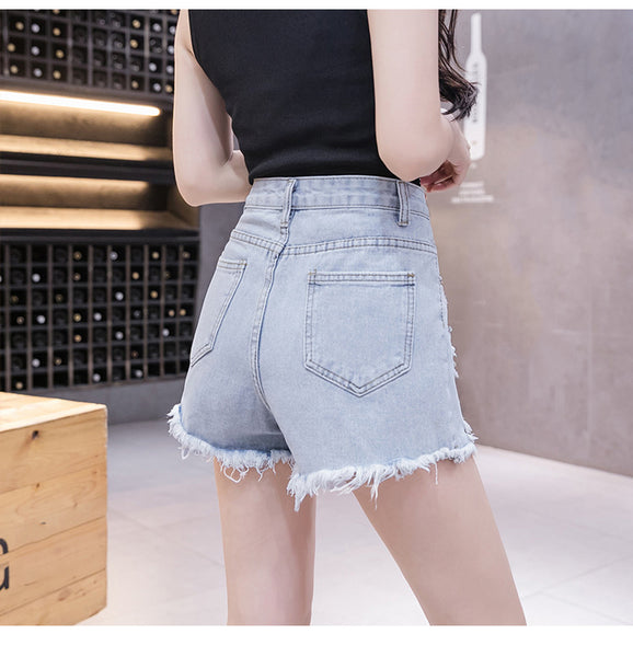 Summer Hot Women Embroidered 3D Floral Beaded High Waist Hem Ripped Tassel Jeans Shorts Denim Pants