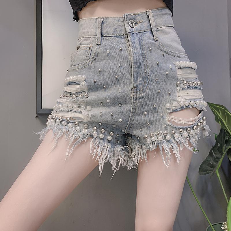 Summer Hot Sexy Women Beaded Pattern High Waist Hem Ripped Tassel Jeans Shorts Denim Clubbing Pants