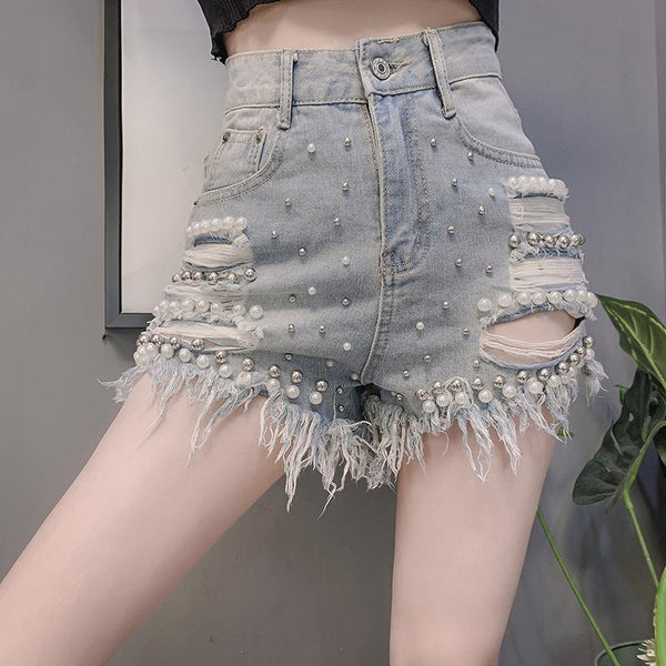 Summer Hot Sexy Women Beaded Pattern High Waist Hem Ripped Tassel Jeans Shorts Denim Clubbing Pants