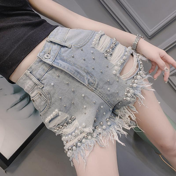 Summer Hot Sexy Women Beaded Pattern High Waist Hem Ripped Tassel Jeans Shorts Denim Clubbing Pants