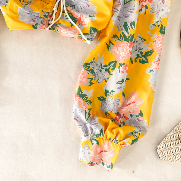 Sweet Women Yellow Square Neck Elastic Floral Printed Puff Long Sleeves Front Drawstring Crop Top Blouse