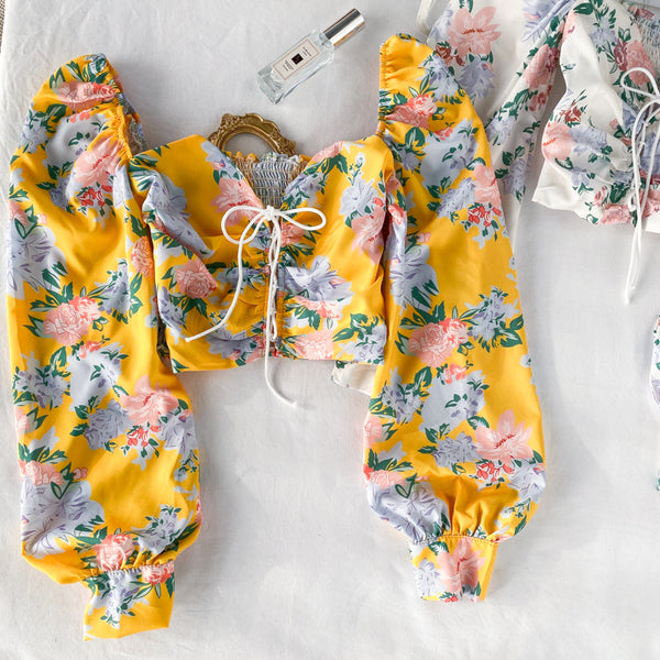 Sweet Women Yellow Square Neck Elastic Floral Printed Puff Long Sleeves Front Drawstring Crop Top Blouse