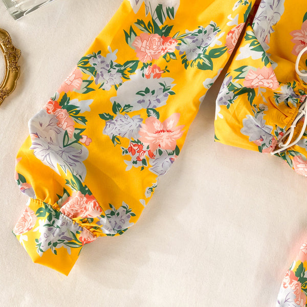 Sweet Women Yellow Square Neck Elastic Floral Printed Puff Long Sleeves Front Drawstring Crop Top Blouse