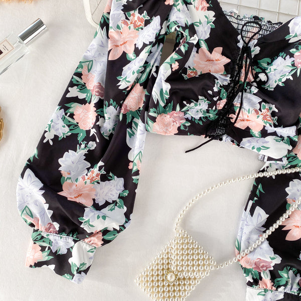 Attractive Women Black Square Neck Elastic Floral Printed Puff Long Sleeves Front Drawstring Crop Top Blouse