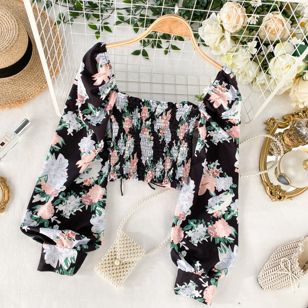 Attractive Women Black Square Neck Elastic Floral Printed Puff Long Sleeves Front Drawstring Crop Top Blouse