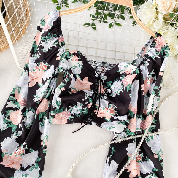 Attractive Women Black Square Neck Elastic Floral Printed Puff Long Sleeves Front Drawstring Crop Top Blouse