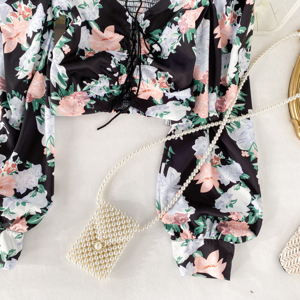 Attractive Women Black Square Neck Elastic Floral Printed Puff Long Sleeves Front Drawstring Crop Top Blouse