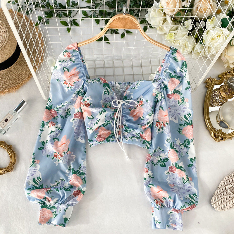 Cute Women Blue Square Neck Elastic Floral Printed Puff Long Sleeves Front Drawstring Crop Top Blouse