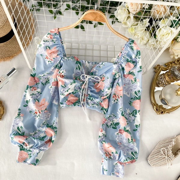 Cute Women Blue Square Neck Elastic Floral Printed Puff Long Sleeves Front Drawstring Crop Top Blouse