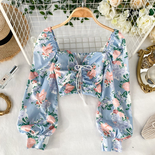 Cute Women Blue Square Neck Elastic Floral Printed Puff Long Sleeves Front Drawstring Crop Top Blouse