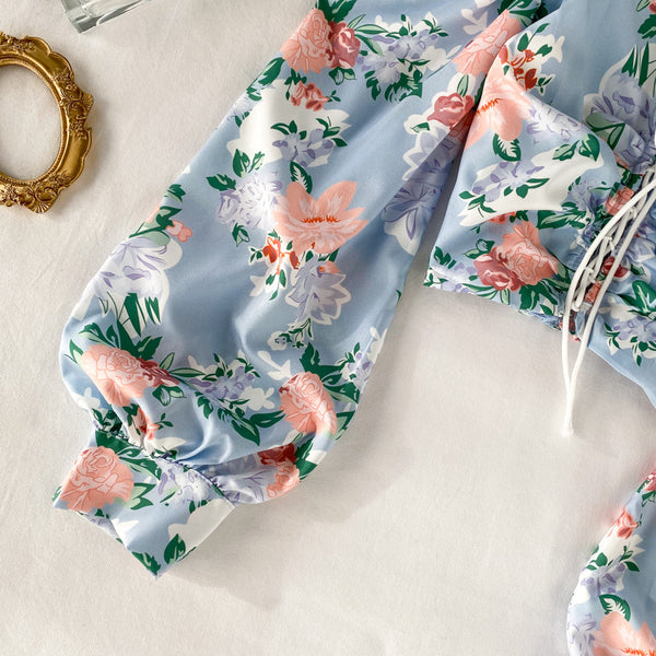 Cute Women Blue Square Neck Elastic Floral Printed Puff Long Sleeves Front Drawstring Crop Top Blouse