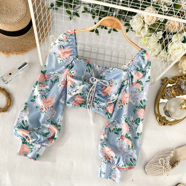 Cute Women Blue Square Neck Elastic Floral Printed Puff Long Sleeves Front Drawstring Crop Top Blouse