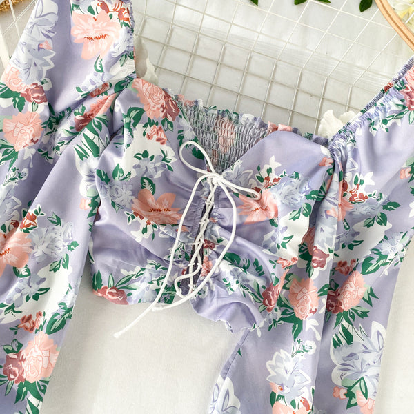 Summer Women Purple Square Neck Elastic Floral Printed Puff Long Sleeves Front Drawstring Crop Top Blouse