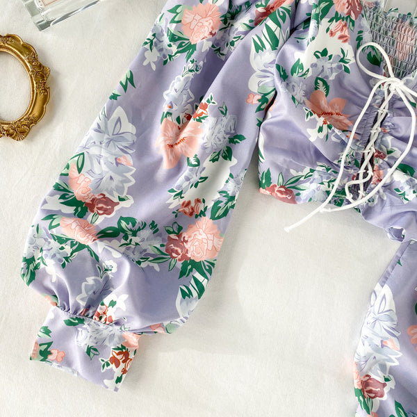 Summer Women Purple Square Neck Elastic Floral Printed Puff Long Sleeves Front Drawstring Crop Top Blouse