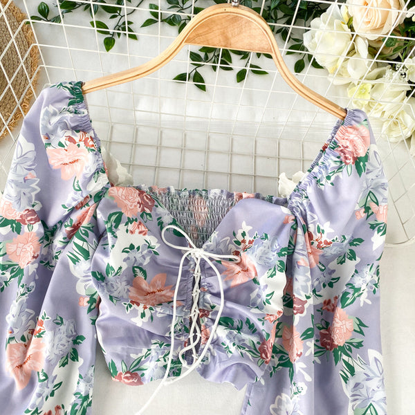 Summer Women Purple Square Neck Elastic Floral Printed Puff Long Sleeves Front Drawstring Crop Top Blouse