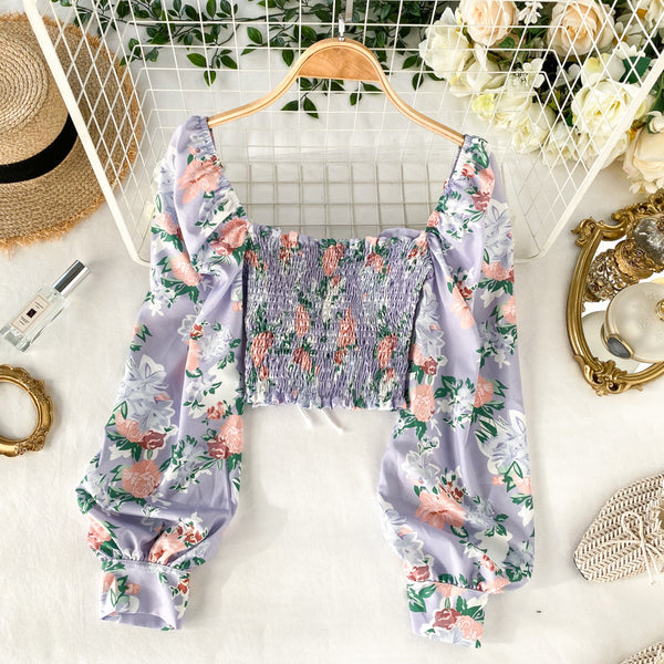 Summer Women Purple Square Neck Elastic Floral Printed Puff Long Sleeves Front Drawstring Crop Top Blouse