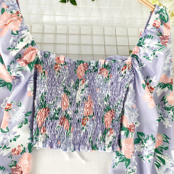 Summer Women Purple Square Neck Elastic Floral Printed Puff Long Sleeves Front Drawstring Crop Top Blouse