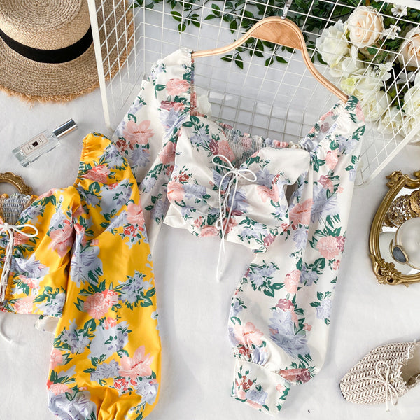 Great Look Women White Square Neck Elastic Floral Printed Puff Long Sleeves Front Drawstring Crop Top Blouse