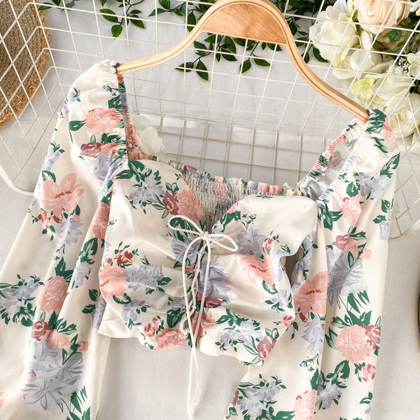Great Look Women White Square Neck Elastic Floral Printed Puff Long Sleeves Front Drawstring Crop Top Blouse