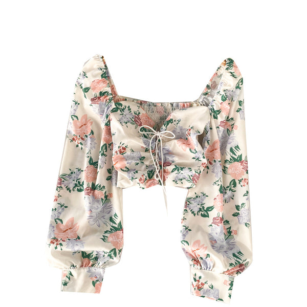 Great Look Women White Square Neck Elastic Floral Printed Puff Long Sleeves Front Drawstring Crop Top Blouse