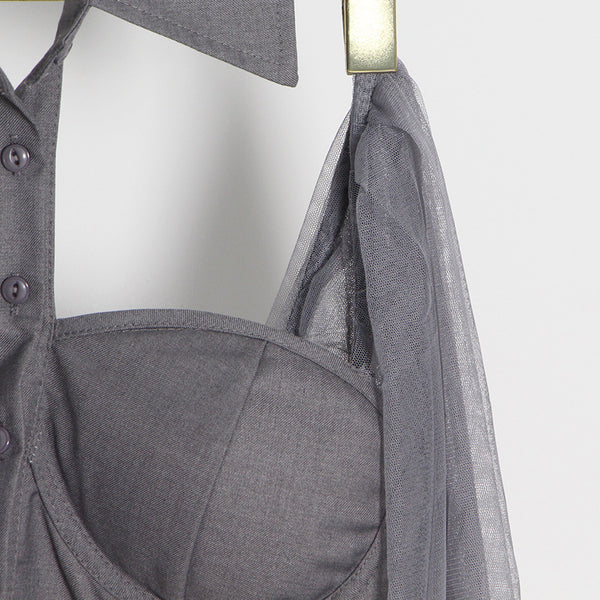 Trendy Romance Women Grey Halter Neck Polo Collar Off Shoulder Puff Long Sleeves Club Party Top