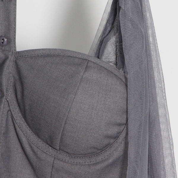 Trendy Romance Women Grey Halter Neck Polo Collar Off Shoulder Puff Long Sleeves Club Party Top