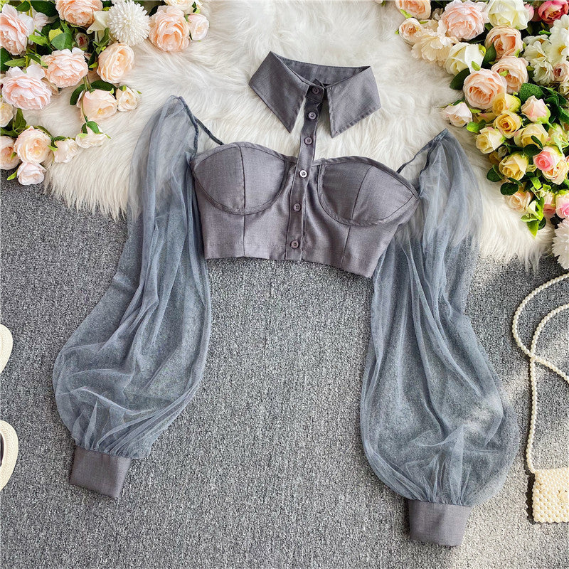 Trendy Romance Women Grey Halter Neck Polo Collar Off Shoulder Puff Long Sleeves Club Party Top