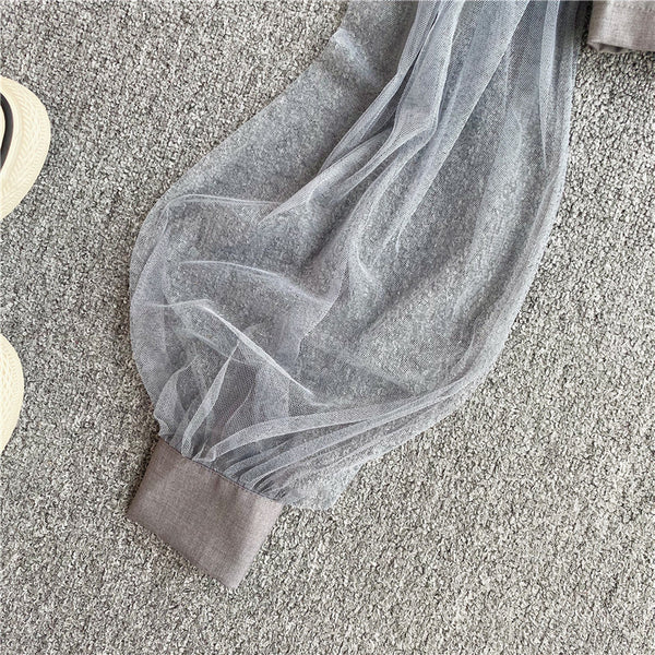 Trendy Romance Women Grey Halter Neck Polo Collar Off Shoulder Puff Long Sleeves Club Party Top