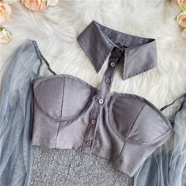 Trendy Romance Women Grey Halter Neck Polo Collar Off Shoulder Puff Long Sleeves Club Party Top