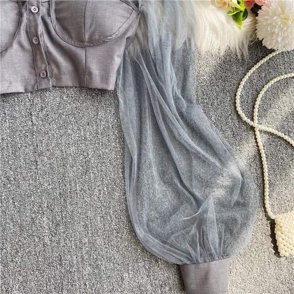 Trendy Romance Women Grey Halter Neck Polo Collar Off Shoulder Puff Long Sleeves Club Party Top