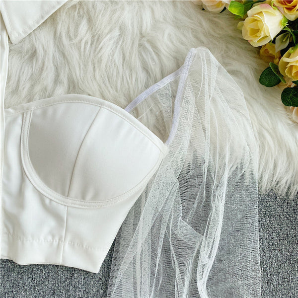 Trend Women White Halter Neck Polo Collar Off Shoulder Puff Long Sleeves Club Party Crop Top Blouse