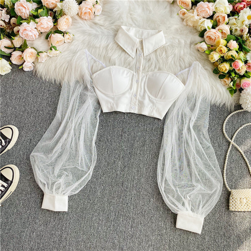 Trend Women White Halter Neck Polo Collar Off Shoulder Puff Long Sleeves Club Party Crop Top Blouse