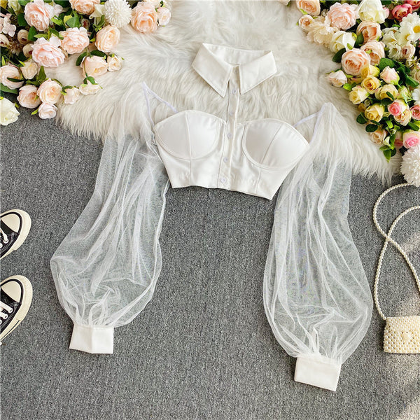 Trend Women White Halter Neck Polo Collar Off Shoulder Puff Long Sleeves Club Party Crop Top Blouse