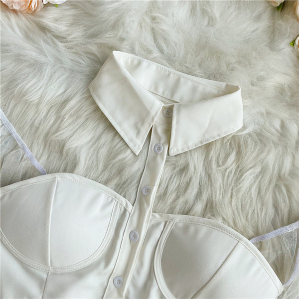 Trend Women White Halter Neck Polo Collar Off Shoulder Puff Long Sleeves Club Party Crop Top Blouse