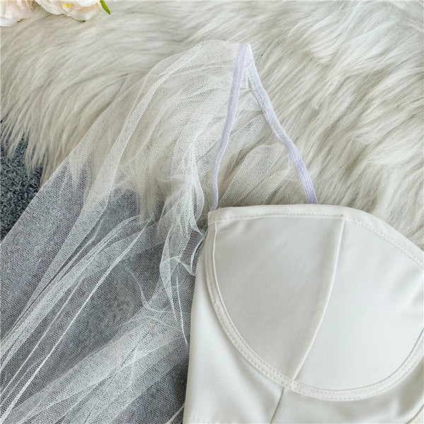 Trend Women White Halter Neck Polo Collar Off Shoulder Puff Long Sleeves Club Party Crop Top Blouse