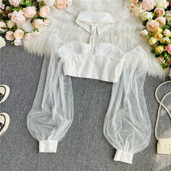 Trend Women White Halter Neck Polo Collar Off Shoulder Puff Long Sleeves Club Party Crop Top Blouse