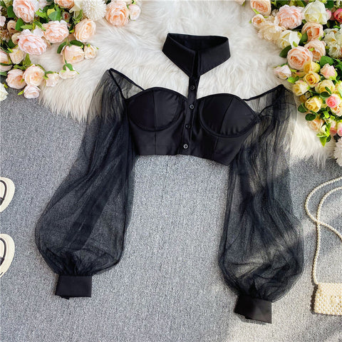 Trend Fashion Sexy Women Black Halter Neck Polo Collar Off Shoulder Puff Long Sleeves Club Party Crop Top Blouse