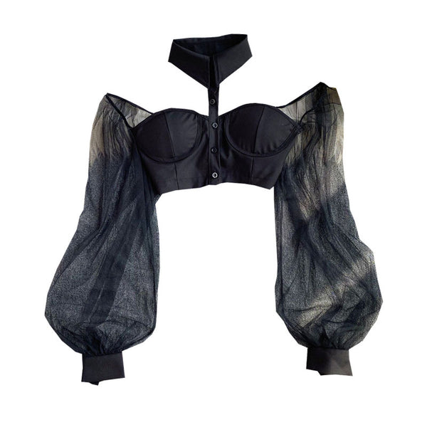 Trend Fashion Sexy Women Black Halter Neck Polo Collar Off Shoulder Puff Long Sleeves Club Party Crop Top Blouse