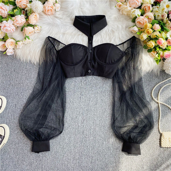 Trend Fashion Sexy Women Black Halter Neck Polo Collar Off Shoulder Puff Long Sleeves Club Party Crop Top Blouse