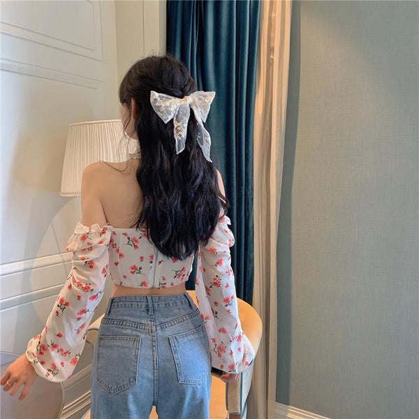 Lovely Sexy Women Blouse White Square Neck Floral Printed Puff Long Sleeves Front Drawstring Crop Top