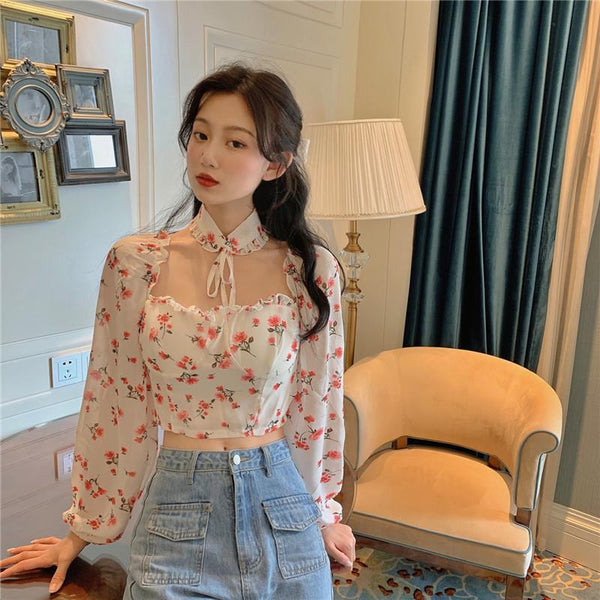 Lovely Sexy Women Blouse White Square Neck Floral Printed Puff Long Sleeves Front Drawstring Crop Top