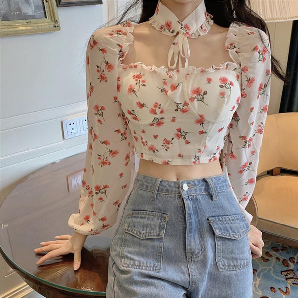 Lovely Sexy Women Blouse White Square Neck Floral Printed Puff Long Sleeves Front Drawstring Crop Top