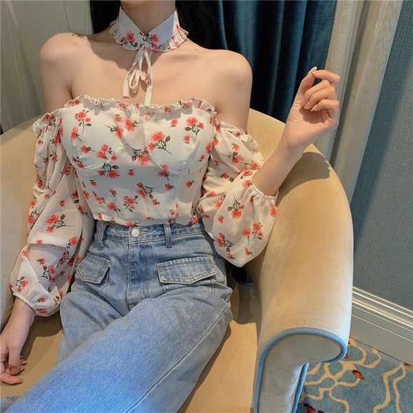 Lovely Sexy Women Blouse White Square Neck Floral Printed Puff Long Sleeves Front Drawstring Crop Top