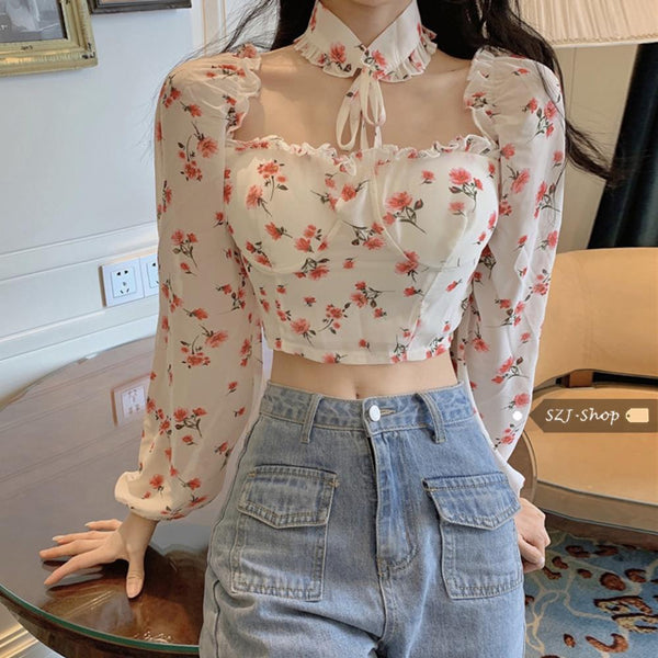Lovely Sexy Women Blouse White Square Neck Floral Printed Puff Long Sleeves Front Drawstring Crop Top