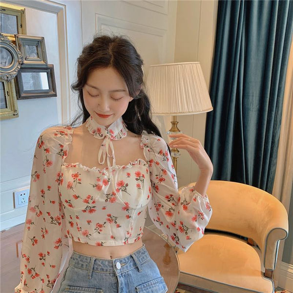 Lovely Sexy Women Blouse White Square Neck Floral Printed Puff Long Sleeves Front Drawstring Crop Top