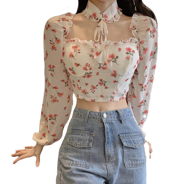 Lovely Sexy Women Blouse White Square Neck Floral Printed Puff Long Sleeves Front Drawstring Crop Top
