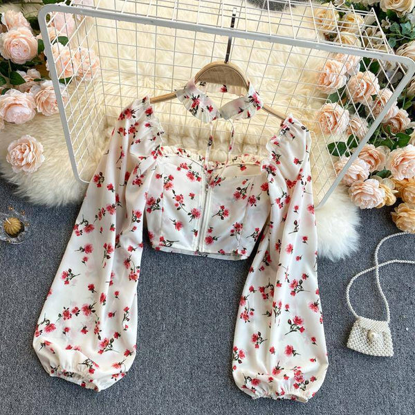 Lovely Sexy Women Blouse White Square Neck Floral Printed Puff Long Sleeves Front Drawstring Crop Top